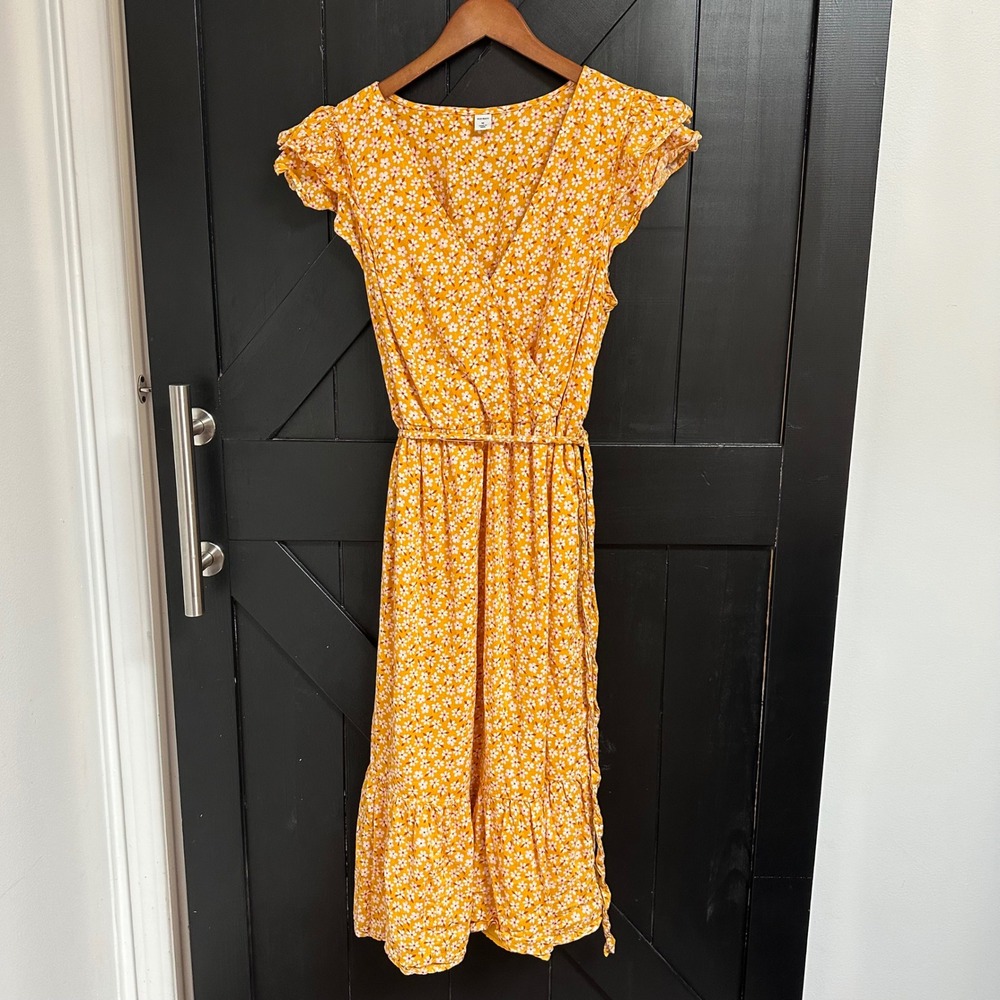 Old Navy Orange Daisy Floral Faux Wrap Midi Dress Women's Size M Cottagecore